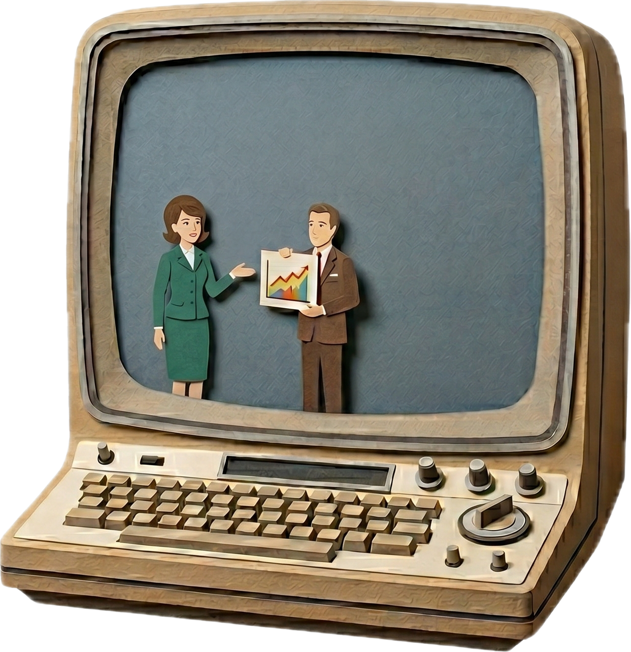 Paper-cutout vintage computer showing two figures presenting a growth chart on its screen.